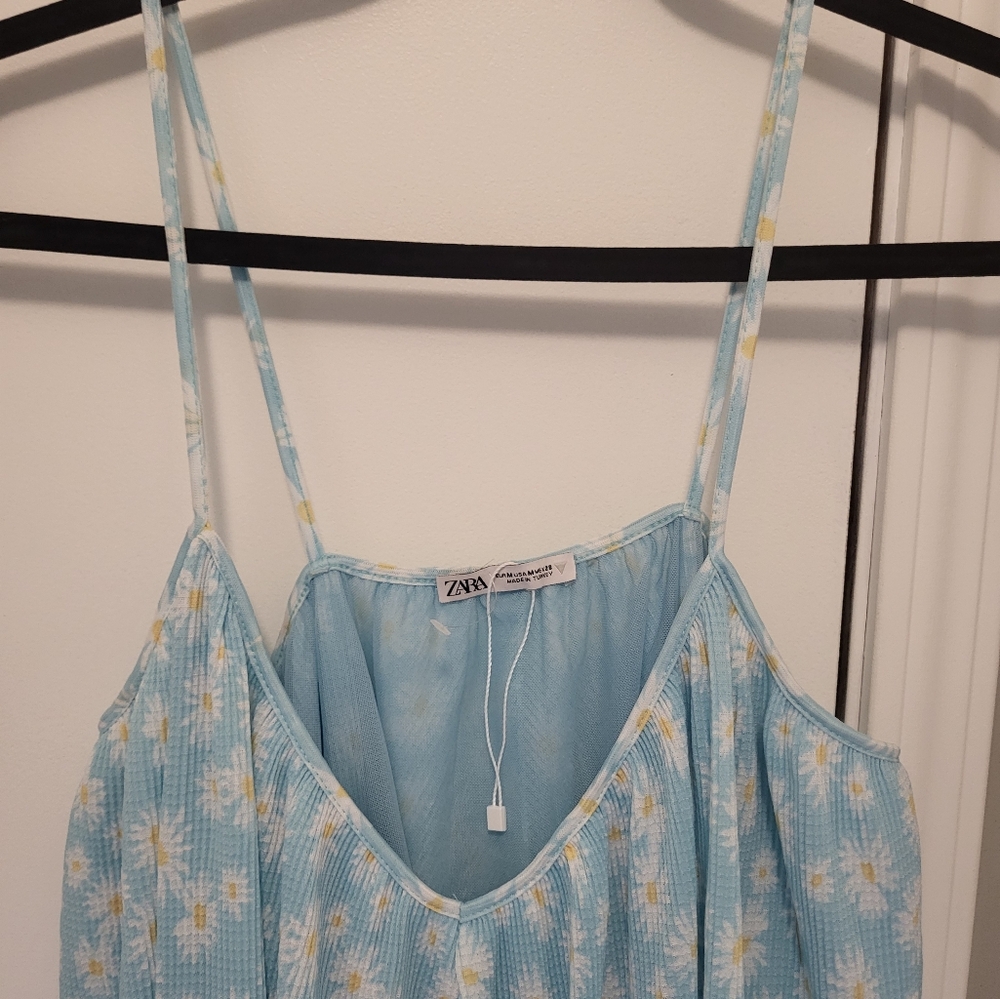Zara Pleated Babydoll Dress Size Medium Spaghetti Straps With Daisy Print - Picture 10 of 15